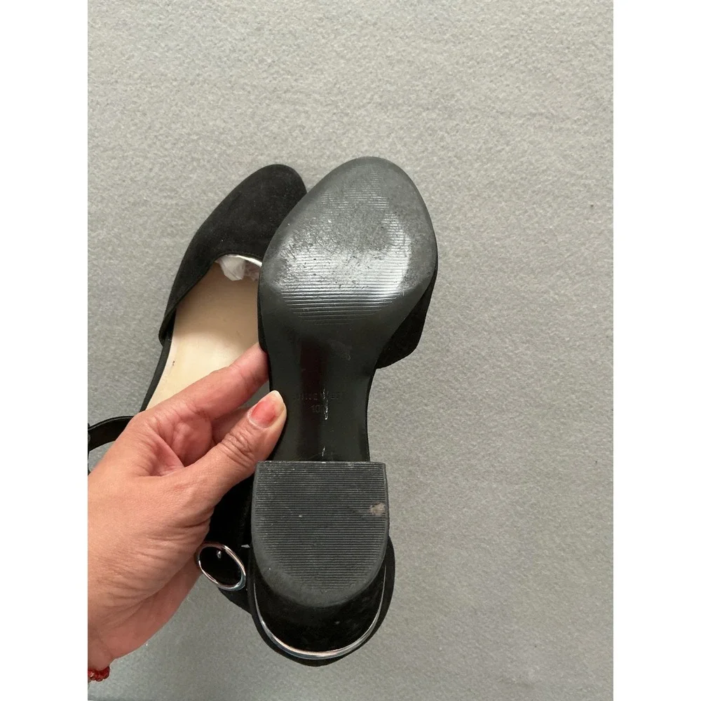 Nine West Block Heel Pumps Size 10M Black Suede Ankle Strap Metallic Trim